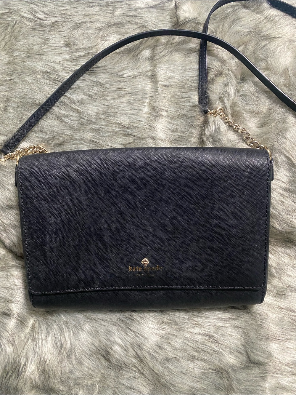 kate spade black leather crossbody with gold-tone chain